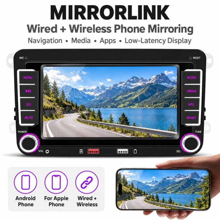 Car MP5 player with MirrorLink and phone mirroring options shown on the screen