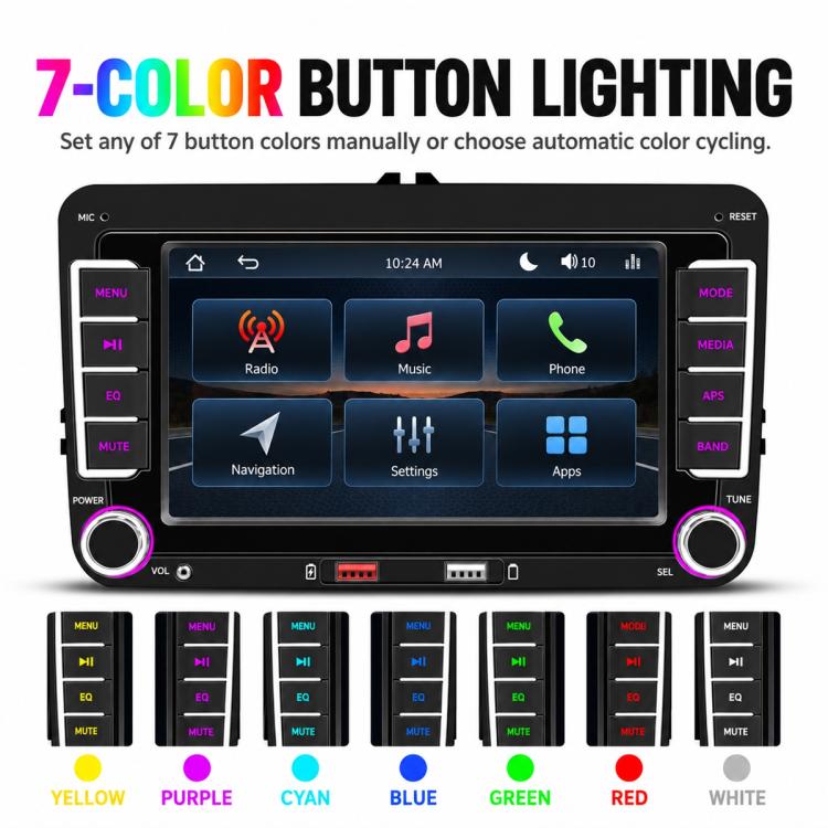 Car MP5 player with configurable button lighting colors and touchscreen menu