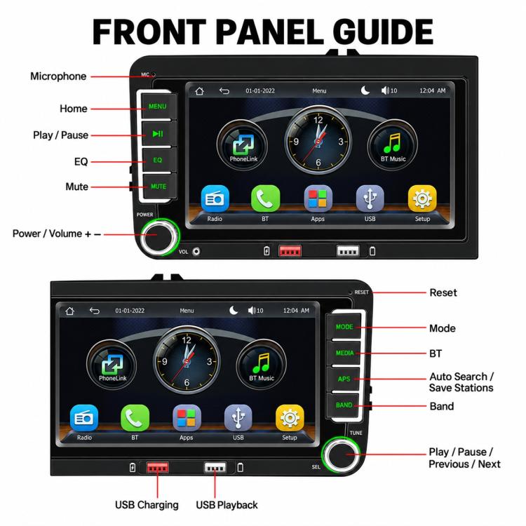 Car MP5 multimedia head unit front panel controls and button guide