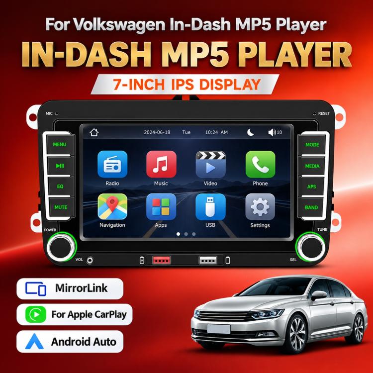 In-dash MP5 player stereo with 7-inch IPS touchscreen and app icon home screen