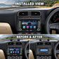 In-dash MP5 player installed in car dashboard with touchscreen display and steering wheel clearance
