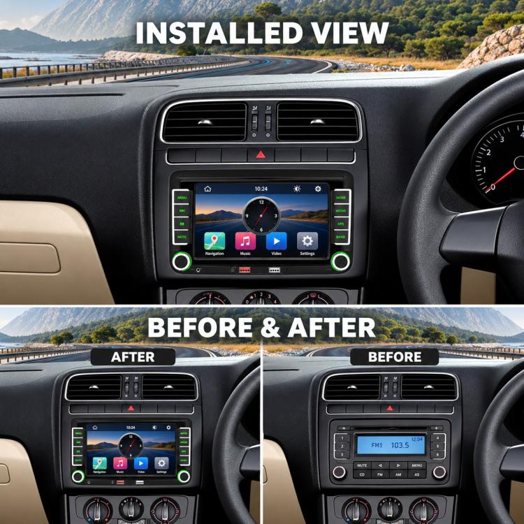 In-dash MP5 player installed in car dashboard with touchscreen display and steering wheel clearance