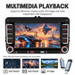Car stereo multimedia display showing video playback with media control buttons