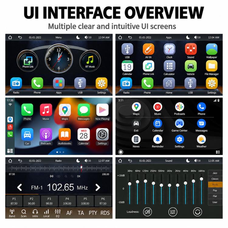 Car stereo UI overview with app icons and radio, phone, music, and settings screens