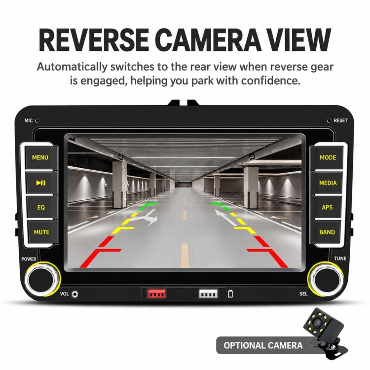 8-inch in-dash MP5 car stereo showing reverse camera parking lines and optional camera