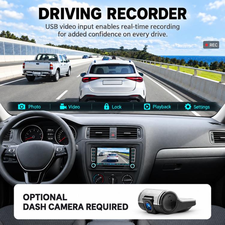 8-inch in-dash MP5 car stereo display showing dash cam recording and optional camera