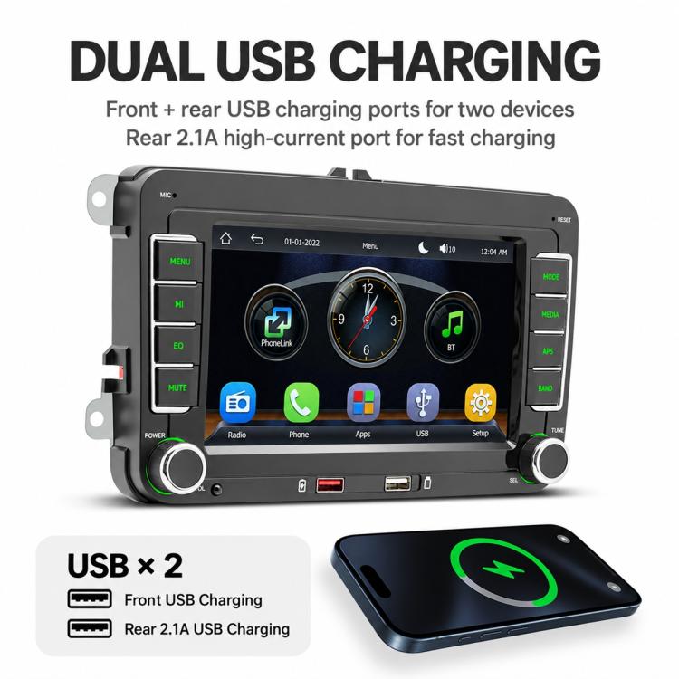In-dash car stereo with dual USB charging ports and front/rear USB charging illustration