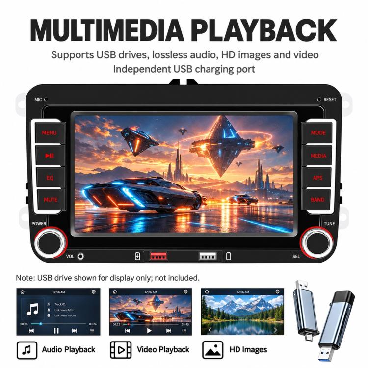Multimedia car stereo touchscreen showing video playback and media selection icons