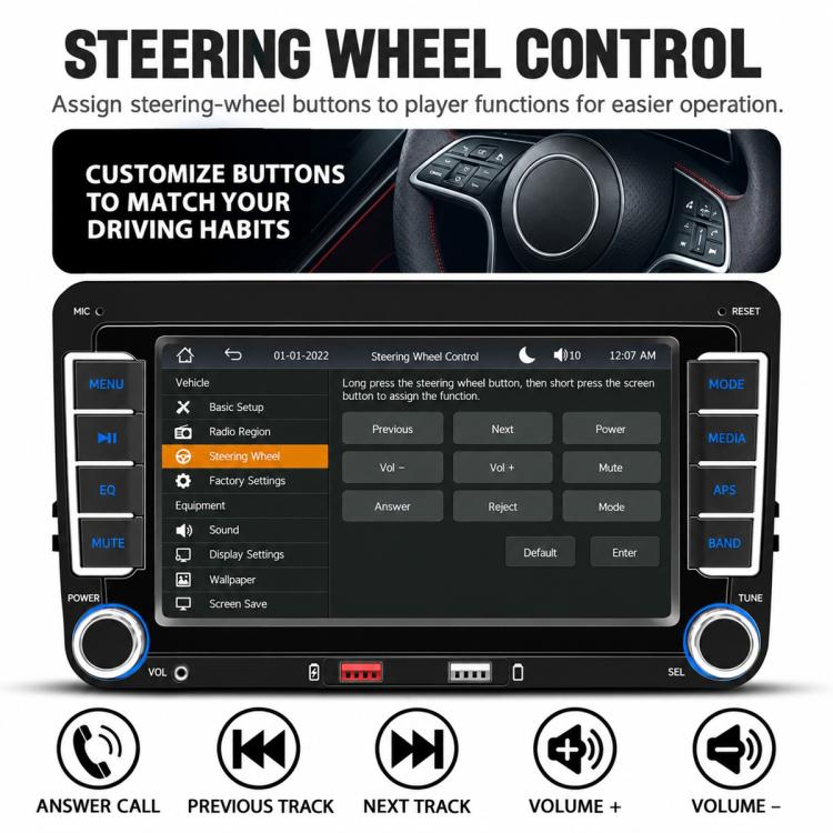 In-dash MP5 player settings screen with steering wheel control options, black unit