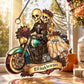 Acrylic skeleton biker couple wall ornament with roses, hanging chain, and teal motorcycle