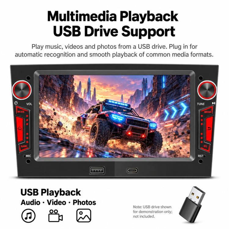 7-inch car MP5 multimedia receiver with USB playback screen and red side volume buttons