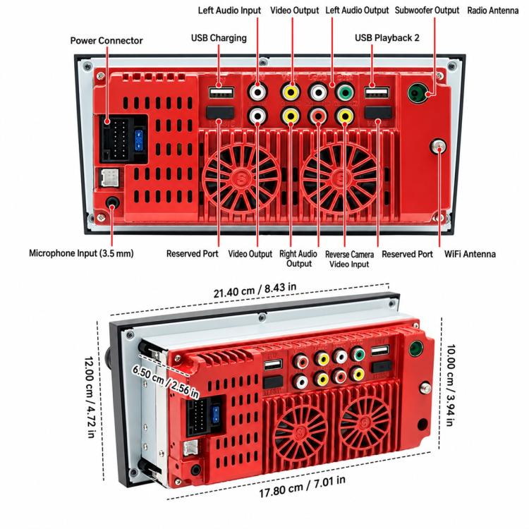 Car MP5 receiver rear connection panel with USB, audio/video, reverse camera, and power ports