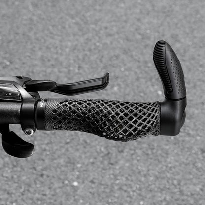 Black ergonomic bicycle rest bar thumb grip end, textured rubber handle