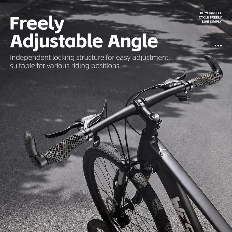Freely adjustable angle black thumb rest bar grips mounted on mountain bike handlebar