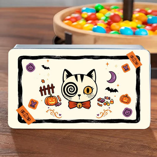 Halloween Theme Cat Pumpkin Candy Treat Metal Tin Box, Type A: Skull Cat, Type A: Fanged Cat, Type A: Stitched Cat, Type A: Spiral Eyed Cat, Type A: Three Eyed Cat, Type A: Pumpkin Head Cat, Type B: Skull Cat, Type B: Fanged Cat, Type B: Stitched Cat  ...