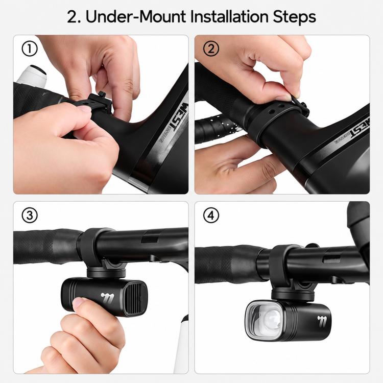 Under-mount bike headlight bracket installation steps with mounting hands.