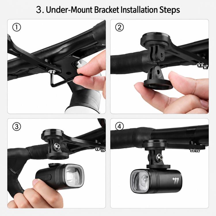 Under-mount bracket installation steps for a black bike headlight on handlebars.