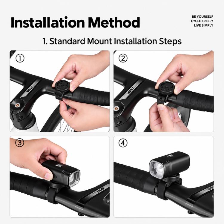 Black bike headlight installation steps on handlebar using the mount bracket.
