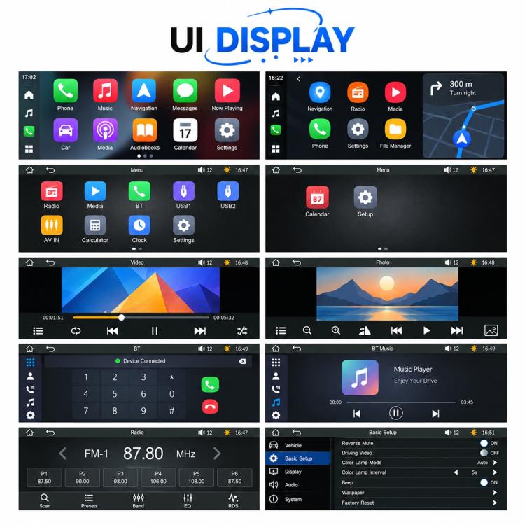 Car MP5 player UI display options on touchscreen, showing media and settings screens