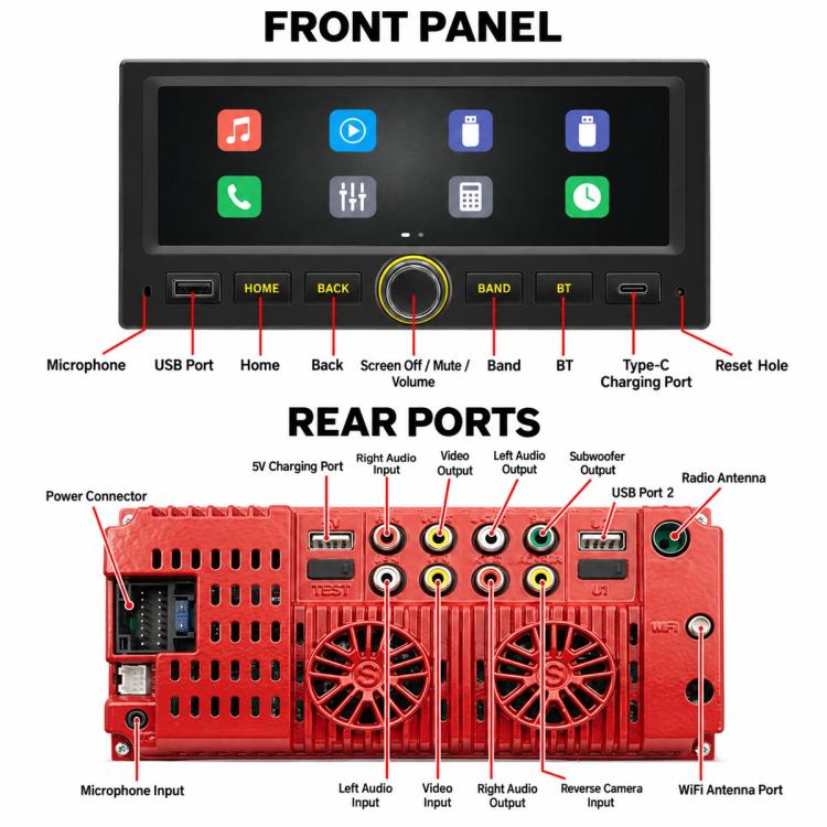 Car MP5 player front panel with ports and labeled front controls, diagram view
