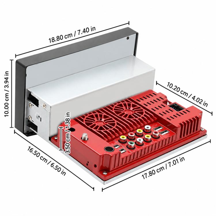 Car MP5 player rear wiring ports and red heatsink housing, back view