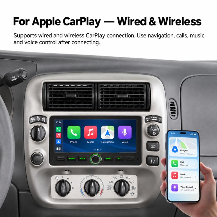 Car stereo with Apple CarPlay on-screen display and smartphone connection