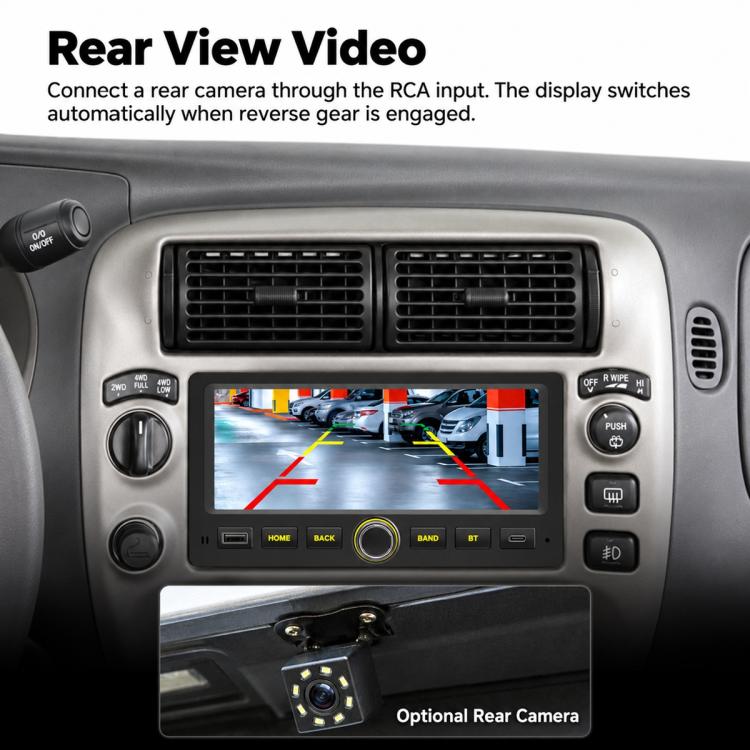 Car stereo with rear view camera feed shown on touchscreen display