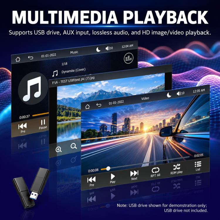 Car MP5 player stereo showing multimedia playback interface with video controls