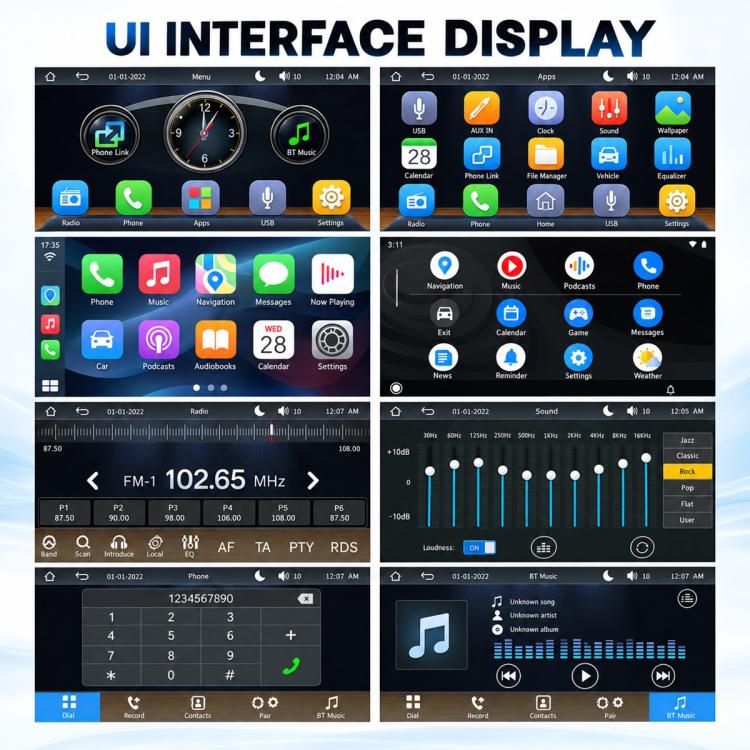 Car MP5 player stereo displaying multitile app interface screens