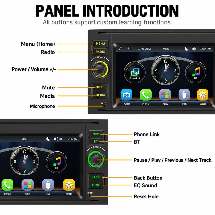 Car MP5 player stereo front panel with control buttons and tuning dials