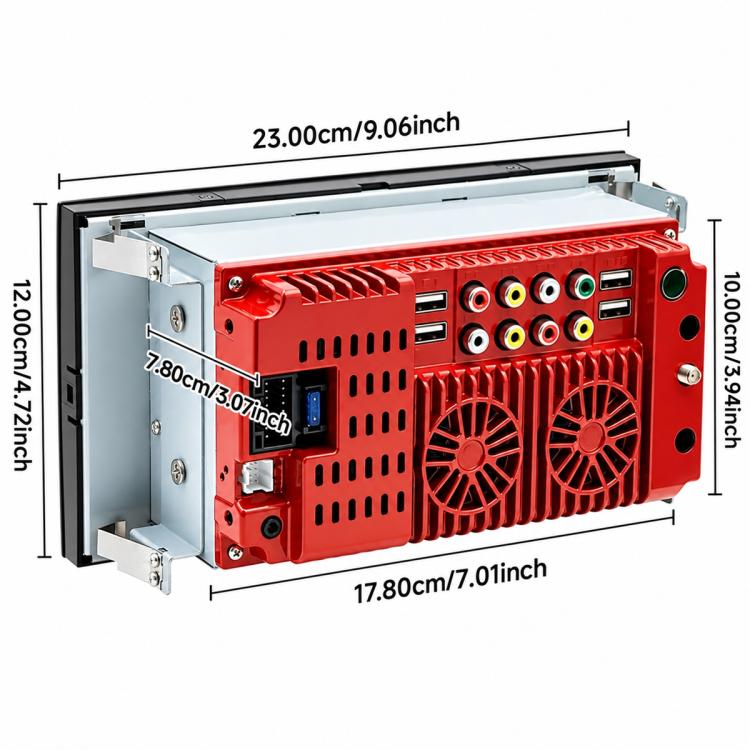 Car MP5 player unit with red chassis and labeled dimensions