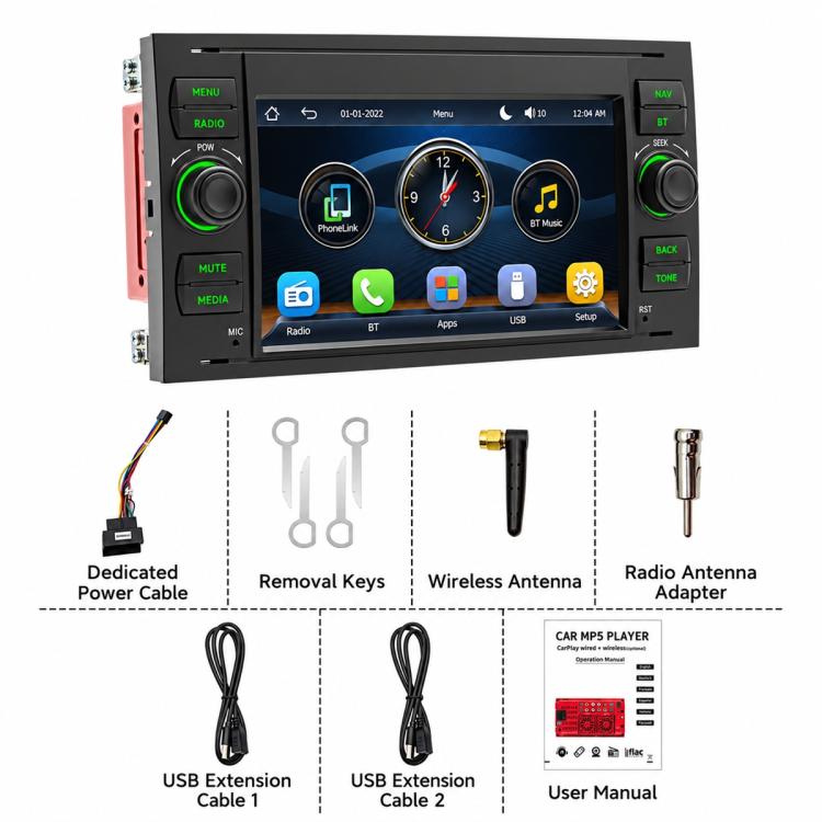 Car MP5 player stereo kit with accessories including cables and antennas
