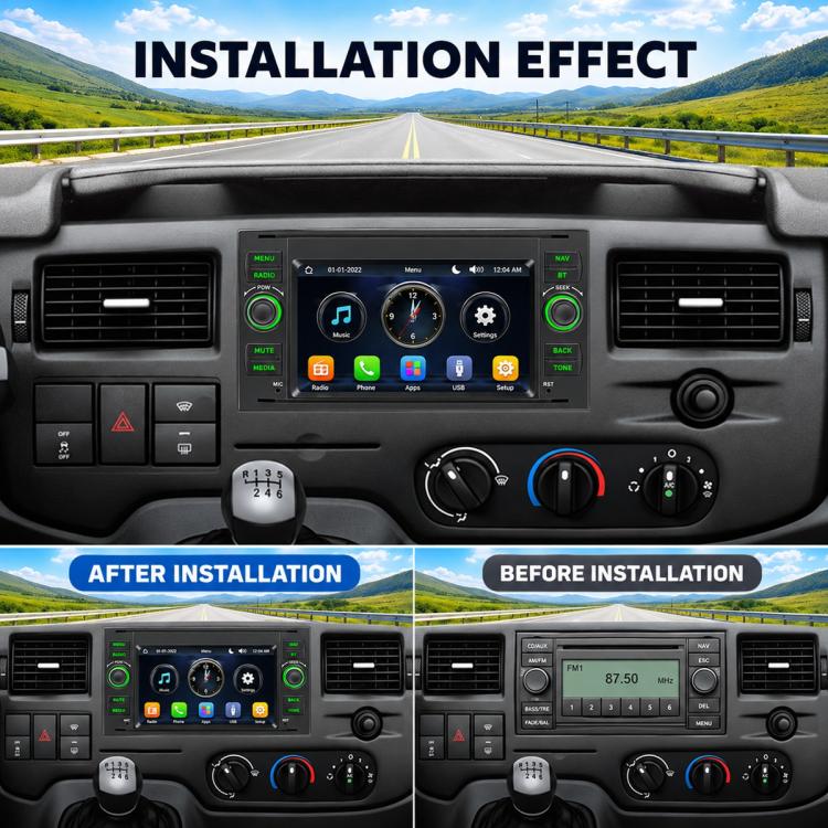 In-dash MP5 player installed in vehicle dashboard with side volume knobs