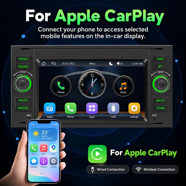 In-dash MP5 player touchscreen with CarPlay icons and smartphone shown nearby