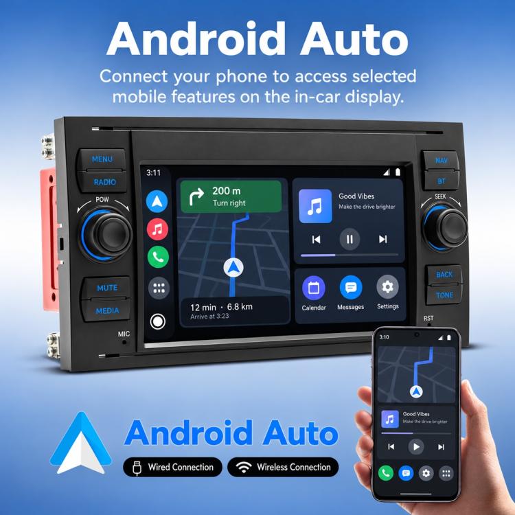 In-dash MP5 player touchscreen with Android Auto maps and smartphone shown nearby