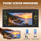 In-dash MP5 player showing landscape photo on screen with phone mirroring icons