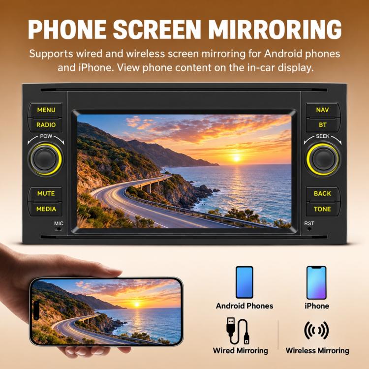 In-dash MP5 player showing landscape photo on screen with phone mirroring icons