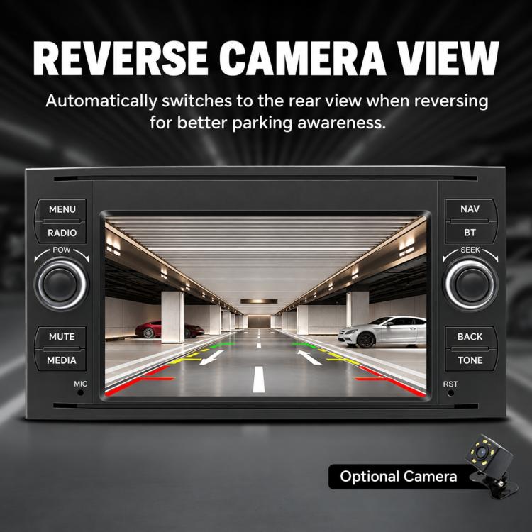 In-dash MP5 player displaying reverse camera view with lane guide lines