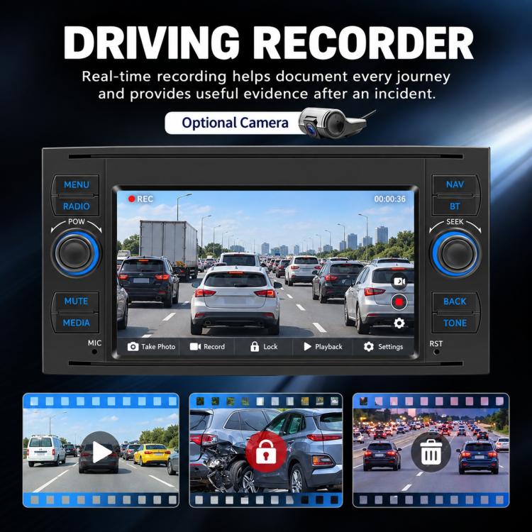 In-dash MP5 player screen showing driving recorder interface and camera playback