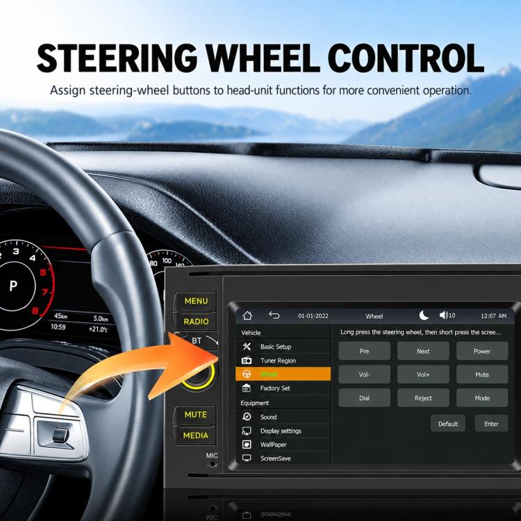 In-dash MP5 player with steering wheel control menu on the touchscreen