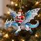 Blue dragon rider Christmas ornament with Santa figure, hanging gold hook