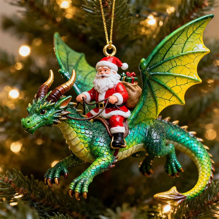 Green dragon rider Christmas ornament with Santa figure, hanging gold hook