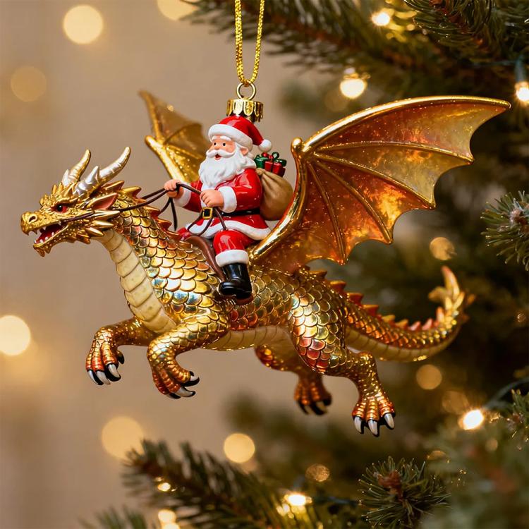 Gold dragon rider Christmas ornament with Santa figure, hanging gold hook