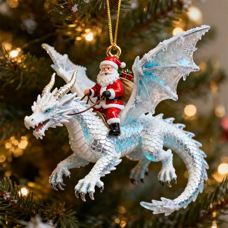 White icy dragon rider Christmas ornament with Santa figure, hanging gold hook