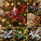 Collage of hanging Santa dragon rider ornaments in multiple colors