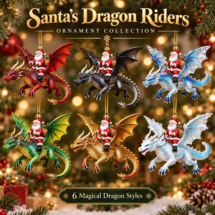 Six hanging Santa dragon rider ornament styles in red, black, blue, green, gold, white