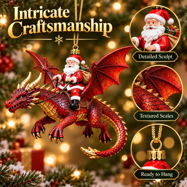 Red dragon rider ornament with Santa, detailed textured scales and hanging hook