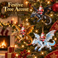 Festive tree display with black, gold, and blue Santa dragon rider ornaments