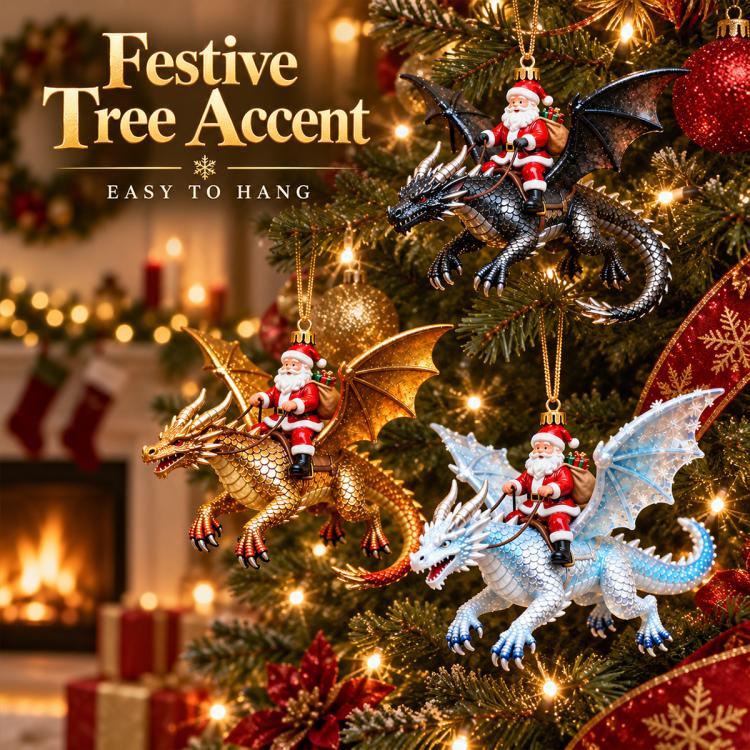 Festive tree display with black, gold, and blue Santa dragon rider ornaments