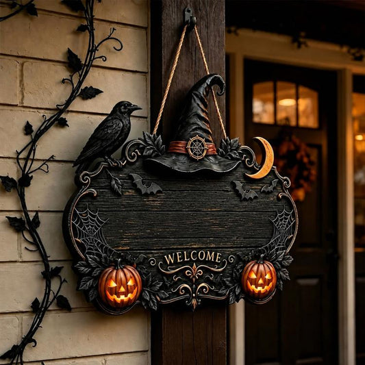 Custom Halloween Witch Welcome Door Sign, Wooden Doorplate, Wrought Iron Doorplate, Acrylic Doorplate